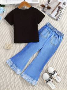 2 件套少女针织短袖字母印花上衣和牛仔效果喇叭裤，春夏时尚休闲装 - 藍色 - 查看 2