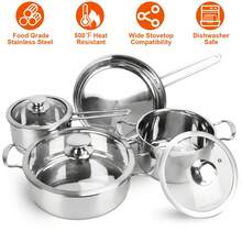 Stainless Steel Cookware Set Fast Even Heat Induction Pots Pans Set Dishwasher Safe With 2.7/3.7 Quart Stockpot 2 Quart Saucepan 9.17in Frying Pan(No Shipments On Weekends) - 銀色 - 查看 3