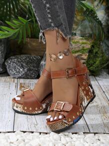 Giày Sandal Đế Dày Đế Xuồng Cho Nữ, Thời Trang Châu Âu Và Mỹ Mùa Hè Mới Giày Sandal La Mã Mũi Hở Có Khóa Đinh Tán, Đế Dày Hai Màu - màu nâu - Xem 1