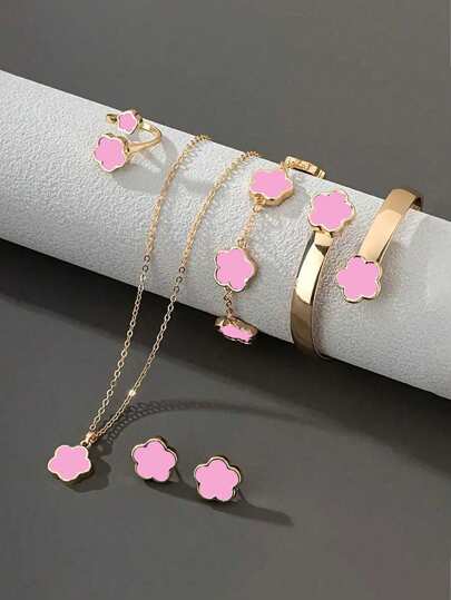 6pcs/Set Lucky 4-Leaf Clover Design Bracelet, Necklace, Earrings, Bangle And Ring Set