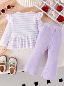 2 件装女婴可爱舒适长袖罗纹针织套装，秋冬 - 紫色 - 查看 2
