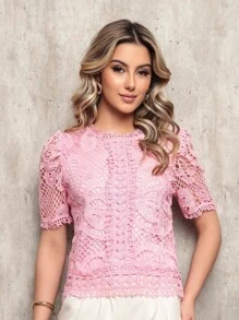 ALETHEIA - WOMEN'S SHORT SLEEVE BLOUSE WITH GUIPIR DETAILS - SHEIN WOMEN'S BLOUSES - 淺粉色 - 查看 2