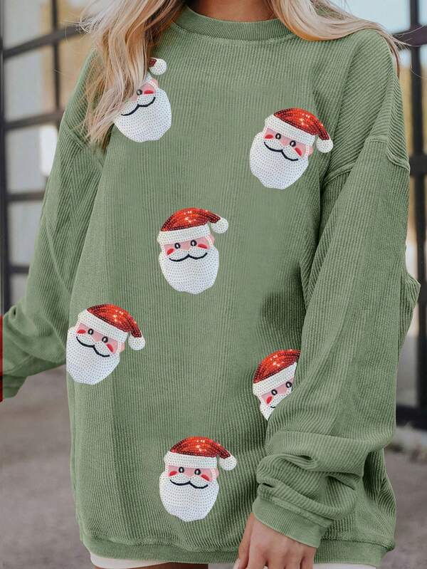 Sequin Christmas Santa Claus Graphic Green Drop Shoulder Pullover Sweatshirt,Long Sleeve Tops