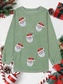 亮片圣诞老人图案绿色落肩套头衫，长袖上衣