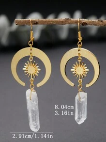 1pair Hippie  Sun Crescent Earrings Brass Color Witchy Jewelry Bohemia Birthday Magical Clear Stone Point Women Fashion Gift