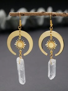 1pair Hippie  Sun Crescent Earrings Brass Color Witchy Jewelry Bohemia Birthday Magical Clear Stone Point Women Fashion Gift