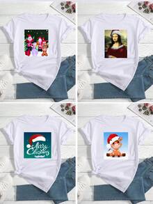 1 pieza Camiseta de mujer de cuello redondo y manga corta con estampado de patrones navideños personalizados - Blanco - Ver 2