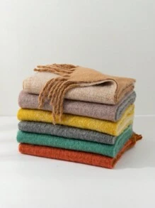 1pc Plain Elegant Polyester Scarf With Contrast Fringe, Suitable For Winter - Grey - View 7