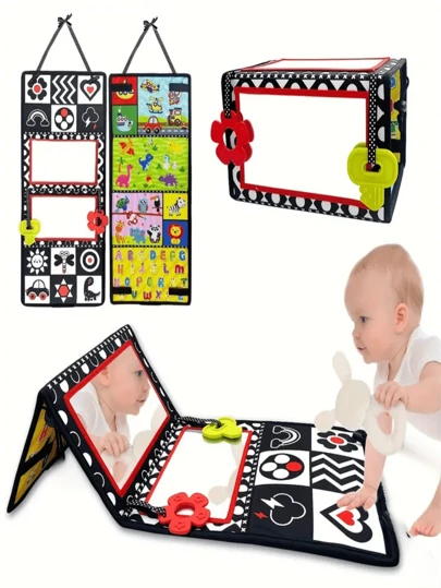 High Contrast Black And White Tummy Time Activity Book Toy For Infant Brain Development, Crinkle Sensory Toy, Montessori Puzzle Floor Mat Fabric Educational Toy For Newborn Baby