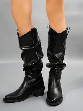Black Mid-Heel Long Boots Women Stacked Heel Pointed Toe Mid-Calf Boots Slip On Fashion High Shaft Boots For Autumn/Winter