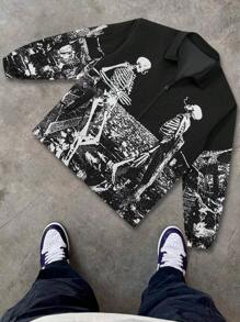 Men's Skull Print Casual Rave Jacket, Lightweight Spring Autumn Zipper Outerwear, Long Sleeve Bomber Jacket