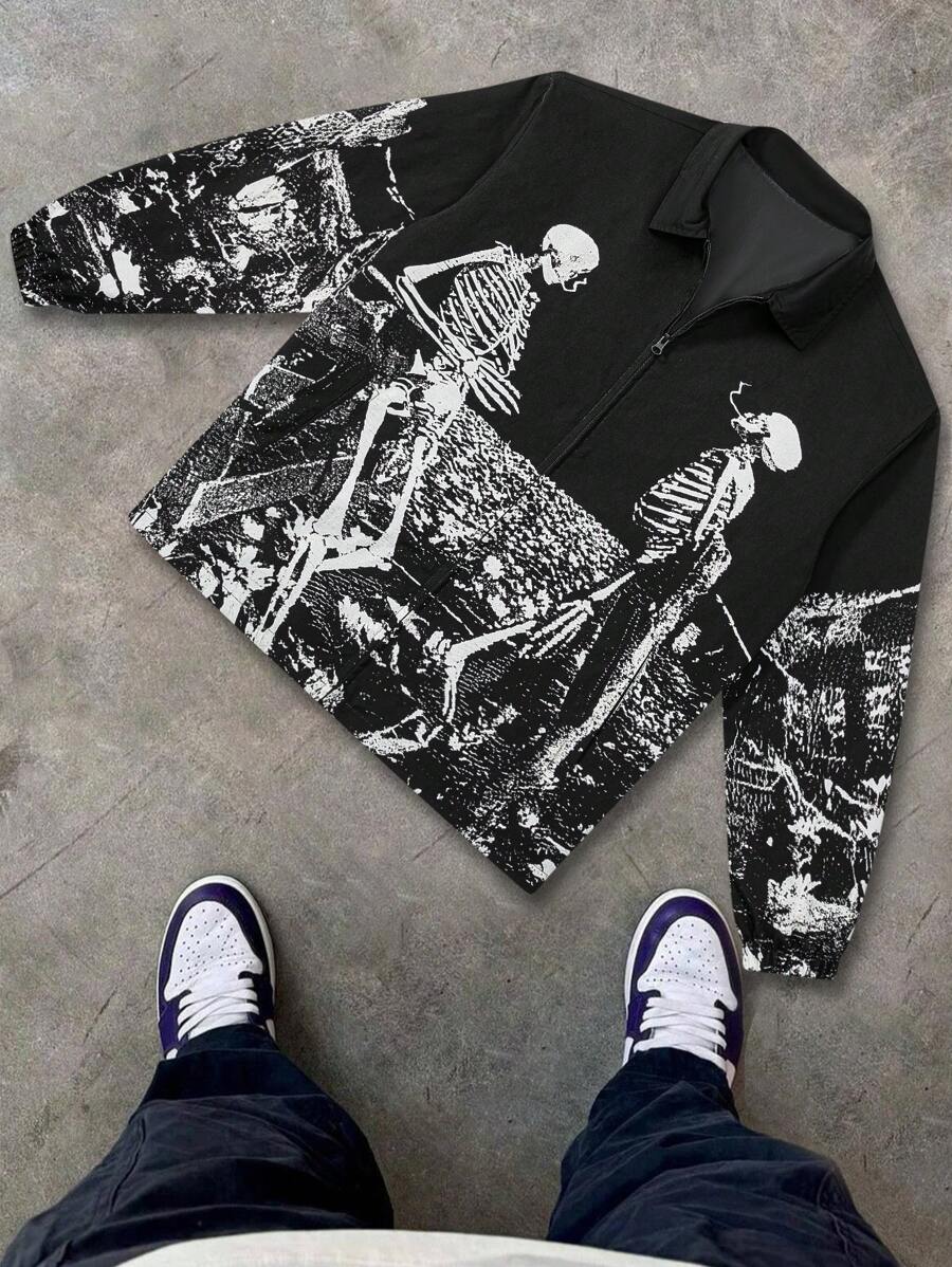 Men's Skull Print Casual Rave Jacket, Lightweight Spring Autumn Zipper Outerwear, Long Sleeve Bomber Jacket