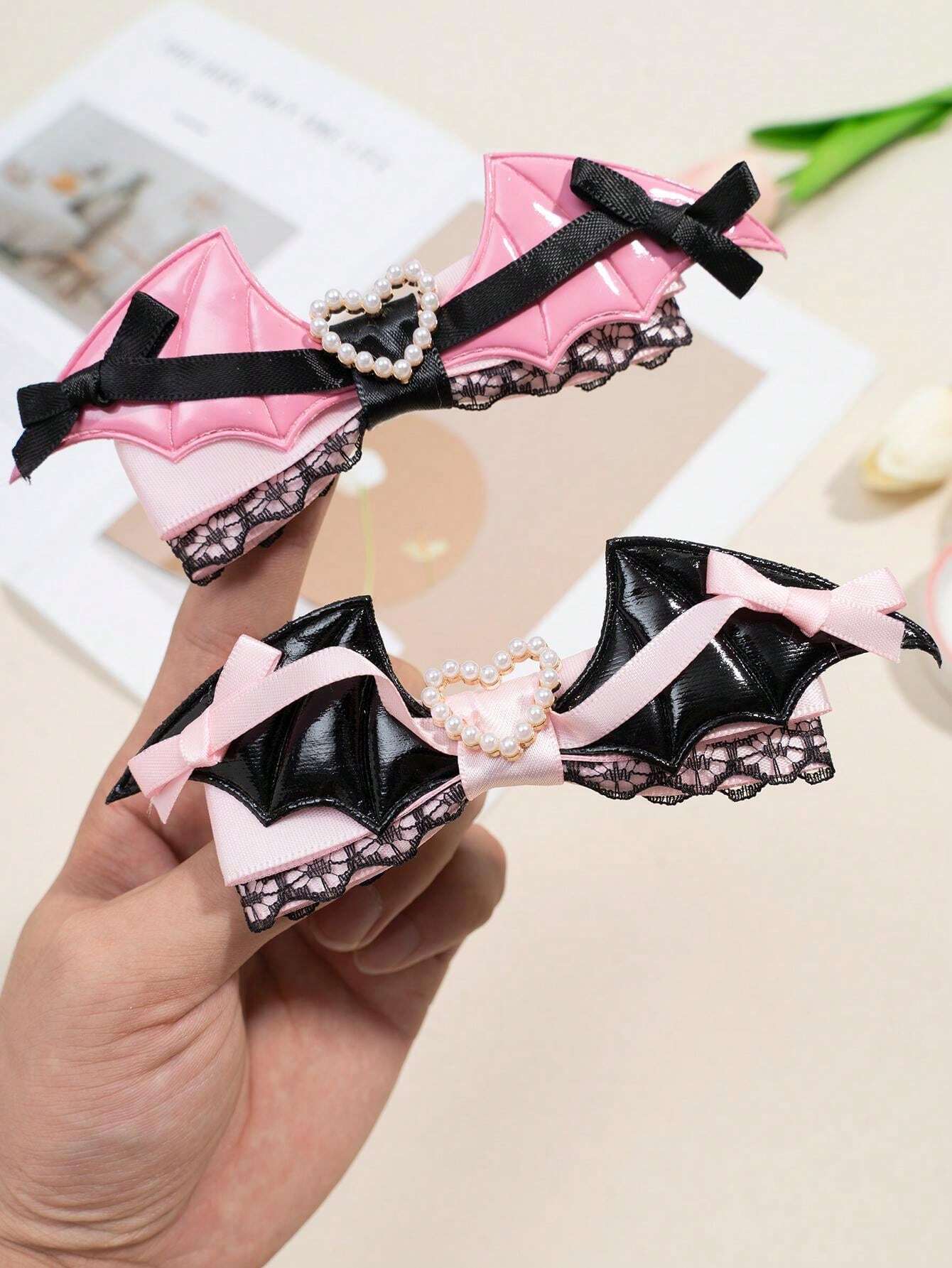 1pc Lolita Headwear Bow Terminator Black Powder Lace Wings Edge Clip