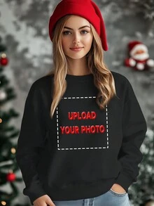 Customized Personal Graphics Front Design Women Casual Fashionable Pullover Crew Neck Sweatshirt Top - Black - View 1