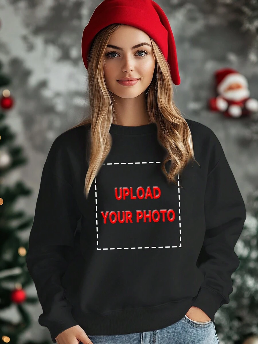 Customized Personal Graphics Front Design Women Casual Fashionable Pullover Crew Neck Sweatshirt Top - Black - View 1
