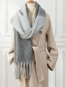 1pc Plain Elegant Polyester Scarf With Contrast Fringe, Suitable For Winter - Grey - View 3