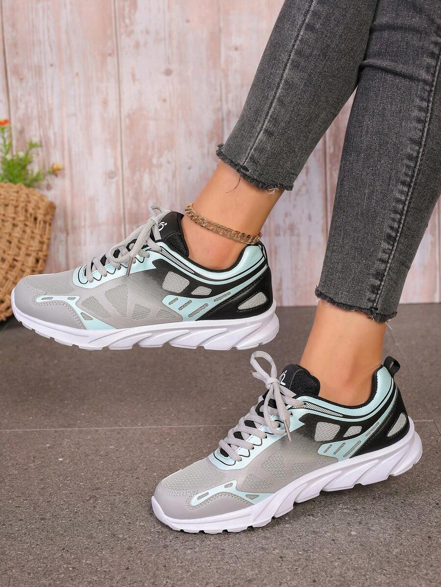 女士平底系带灰色百搭休闲跑鞋，轻便舒适，适合学生 - 灰色 - 查看 1