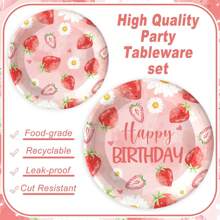 24 件草莓纸盘餐巾，7/9 英寸蛋糕甜点餐盘，生日派对用品餐具套装，适合女孩甜蜜宝宝淋浴，一次性纸质餐具装饰食物托盘，可供 24 位客人使用 - 粉色 - 查看 4