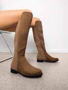 Women Reserve Tall Boots, Flat Low Heel Stretchy Knee High Boots Comfortable Round Toe Suede Slouch Side Zipper Fashionable Solid Color Boots - 棕色 - 查看 1