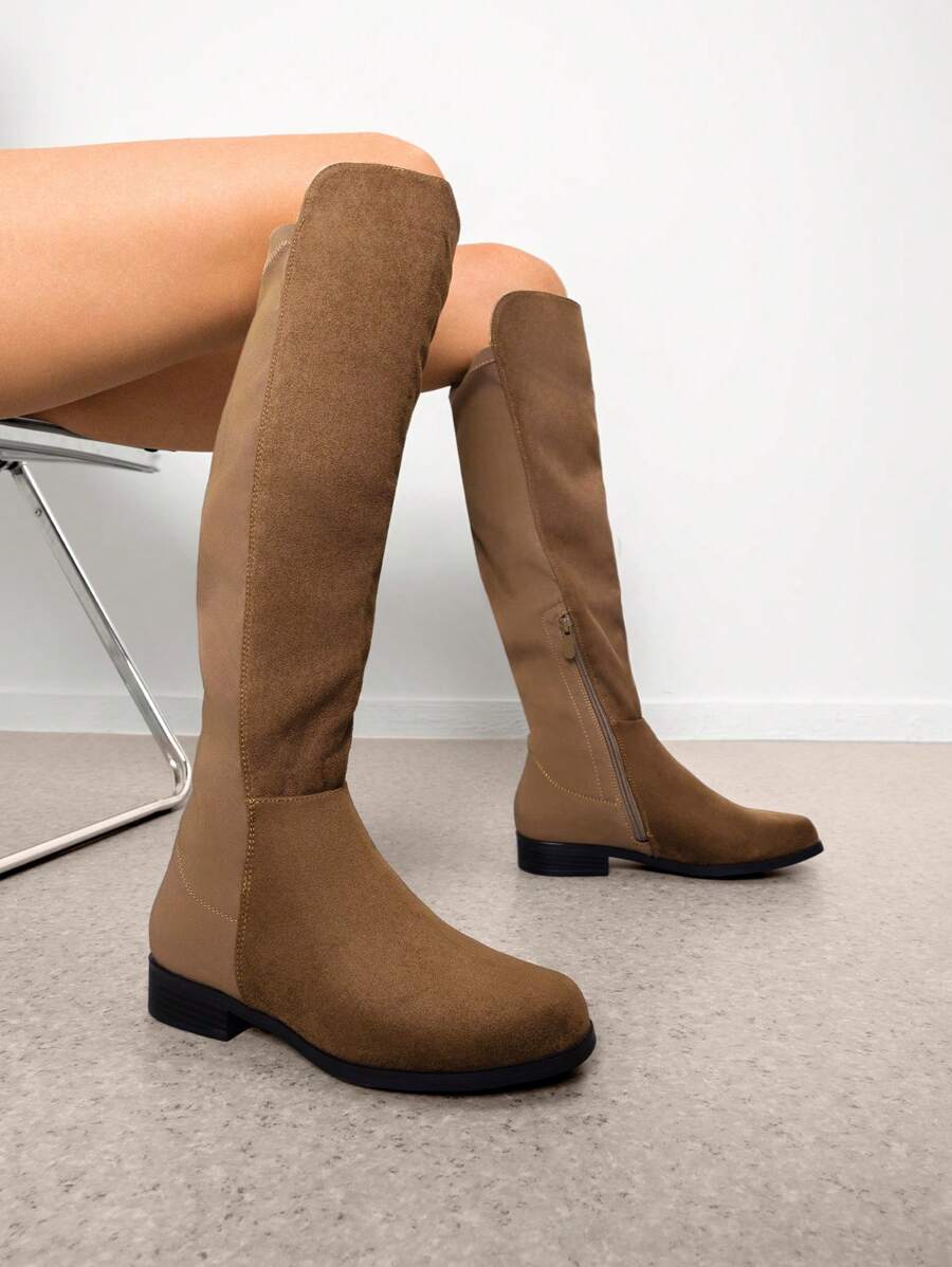 Women Reserve Tall Boots, Flat Low Heel Stretchy Knee High Boots Comfortable Round Toe Suede Slouch Side Zipper Fashionable Solid Color Boots - 棕色 - 查看 1