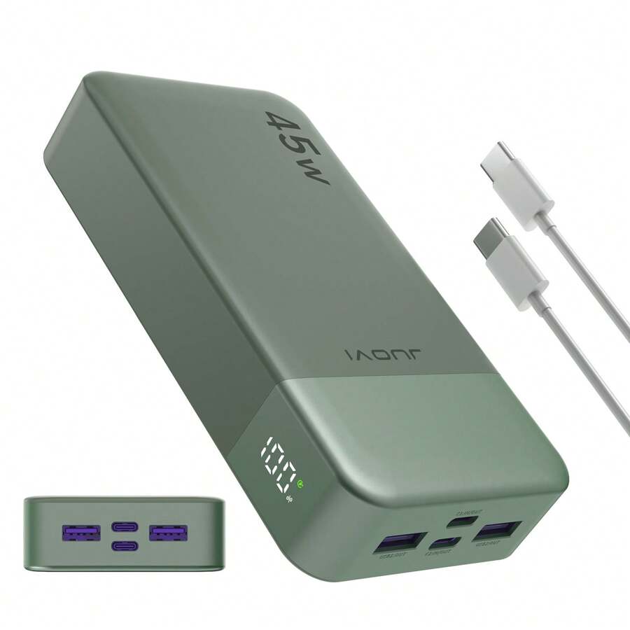 Cargador portátil Juovi Power Bank, 20000mAh 45W PD3.0 QC 4.0 Batería de carga rápida con pantalla LED, 2 USB-C, 2 USB-A para iPhone 15, carga rápida verde, pantalla de energía LED, cargador portátil para dispositivos Android e iPhone con puertos USB y Tipo-C, batería de polímero de litio segura y estable adecuada para juegos al aire libre, compras, viajes, fuente de alimentación portátil para iPhone de Apple, iPad, teléfonos Android, regalos para familiares, amigos, cumpleaños, Navidad, invierno