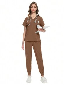 Uniforme de SPA de belleza para mujeres, conjunto de uniforme de enfermera de clínica veterinaria de mascotas, clínica dental, uniforme de hospital suave - Marrón - Ver 3