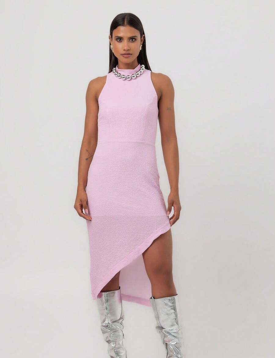 Asymmetrical Midi Dress With Slit In Pink Labrava - 淺粉色 - 查看 1