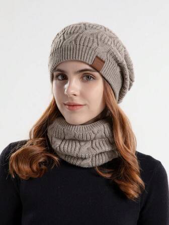 1set Women Wool Blend Cable Knit Beanie & Scarf 2Pcs Winter Warm Thick Lined Rib Knit Cap & Neck Warmer, Suitable For Daily Use