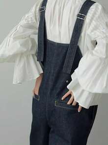 复古风格褶皱喇叭袖宽松长款心形领收腰衬衫 - 白色 - 查看 2