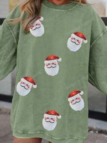 Pull-over Sweat-shirt à épaules tombantes avec motif de Père Noël pailleté de Noël, vert, manches longues
