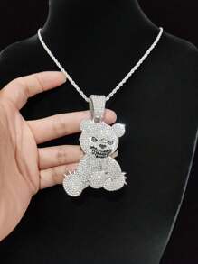 1pc Creative Fashion Angry Bear Shape Pendant Necklace, Suitable For Daily Wear Or Party, 2 Chain Style Options Available - Silver - View 6