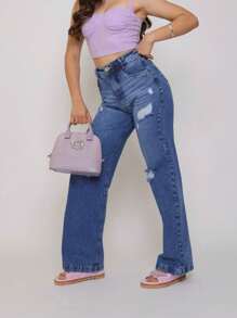 Women's Wide Leg Jeans, Dark, Ripped, High Waist. - Rửa tối - Xem 1