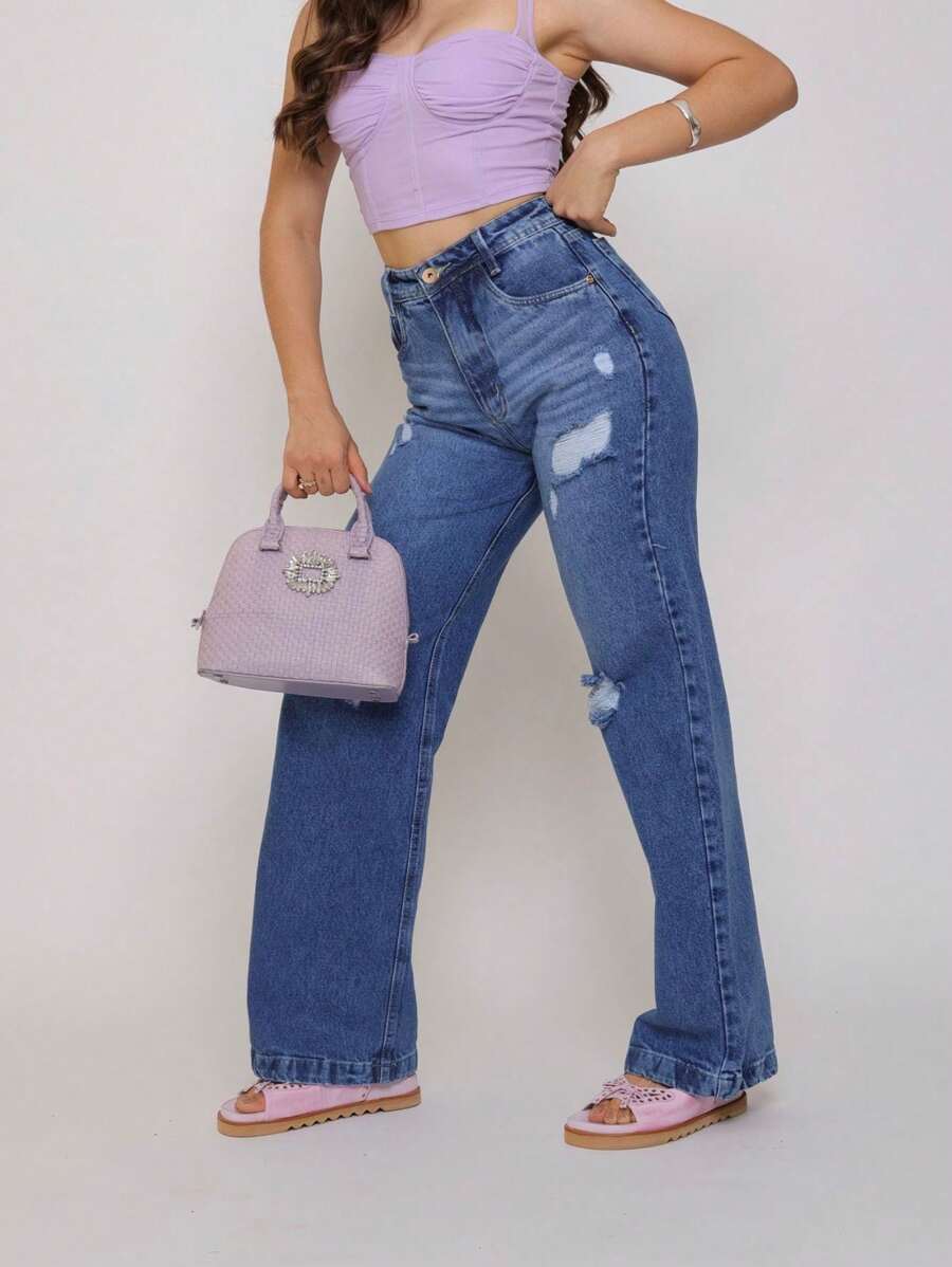 Women's Wide Leg Jeans, Dark, Ripped, High Waist. - Rửa tối - Xem 1