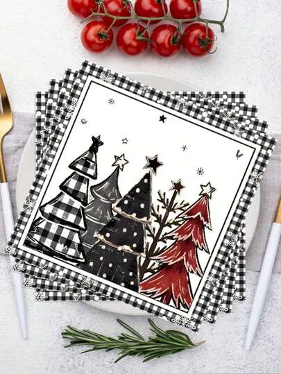 20pks Christmas Paper Napkins With Black And White Plaid Christmas Tree Design - Decorative Dinner Napkins For Holiday Party, Home And Restaurant Use - 6.5inch Square Disposable Luncheon Napkins,Christmas