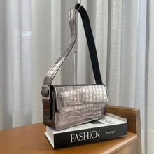 Women's Crocodile Metallic Baguette Shoulder Bag - 深灰色 - 查看 1
