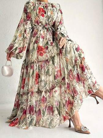 女士休闲修身长袖圆领连衣裙