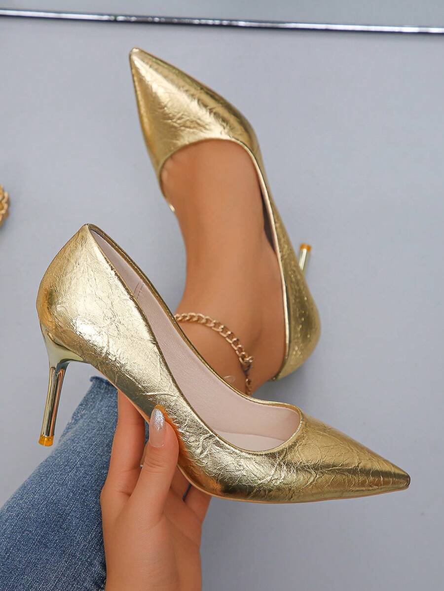 2024 New Pointed Toe Stiletto High Heel Shoes, Won't Hurt Feet, Professional & Commuting, Versatile, Sexy Low Cut, Plus Size, Pumps - 金色 - 查看 1
