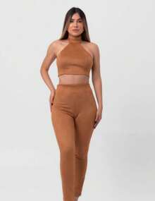 Brown Labrava Bias Collar Cropped Suede Blouse - 鏽棕色 - 查看 3