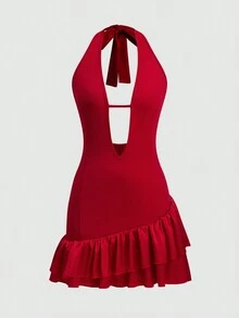 Women's Halter Neck Backless Red Lace-Up Ruffle Hem Mini Dress Party Summer Elegant - Red - View 2