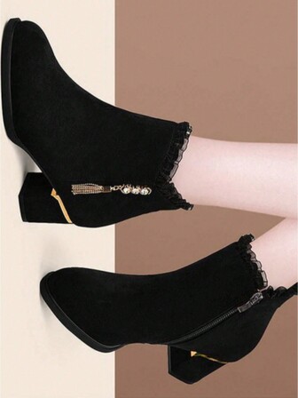 2025 Autumn/Winter New Round Toe Rhinestone Low Chunky Heel Faux Suede Ankle Boots For Women