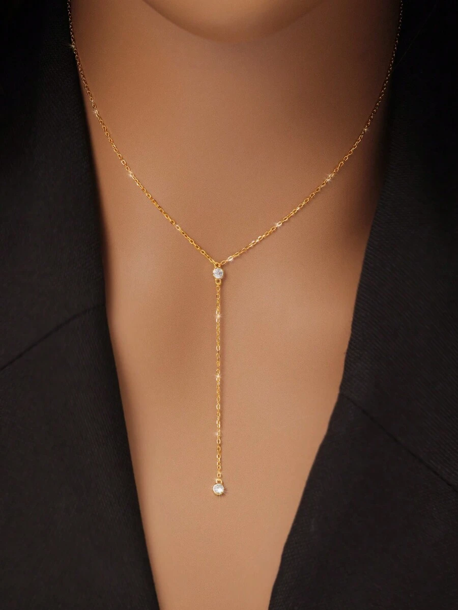 ELSEDES 1pc Classic S925 Sterling Silver Y-Shaped Long Tasseled Necklace, Sparkling Gemstone Embellished, Fashionable Design For Women, Ideal For Summer, Party, Holiday Wear - Gold - View 1