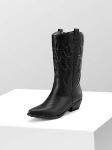 Women'S Cowboy Western Boots Point Toe Pull On Cowgirl Boots  Embroidered Detail Chunky Heeled Spring And Winter Back To School Party Festival Matching Dress Mid Calf Black Boots - màu đen - Xem 3