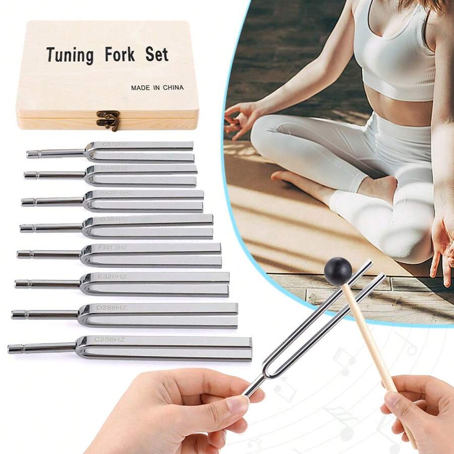 OUR ADVENTURE BOOK A Set Of Professional Tuning Forks, Yoga Tuning Forks, Guitar, Piano, Violin, Erhu Instrument, Tuning Fork Teaching, Professional Steel Fork, Ear Picking, Round, 9-Piece Set, Steel With Wooden Box And Mallet - Silver - View 1