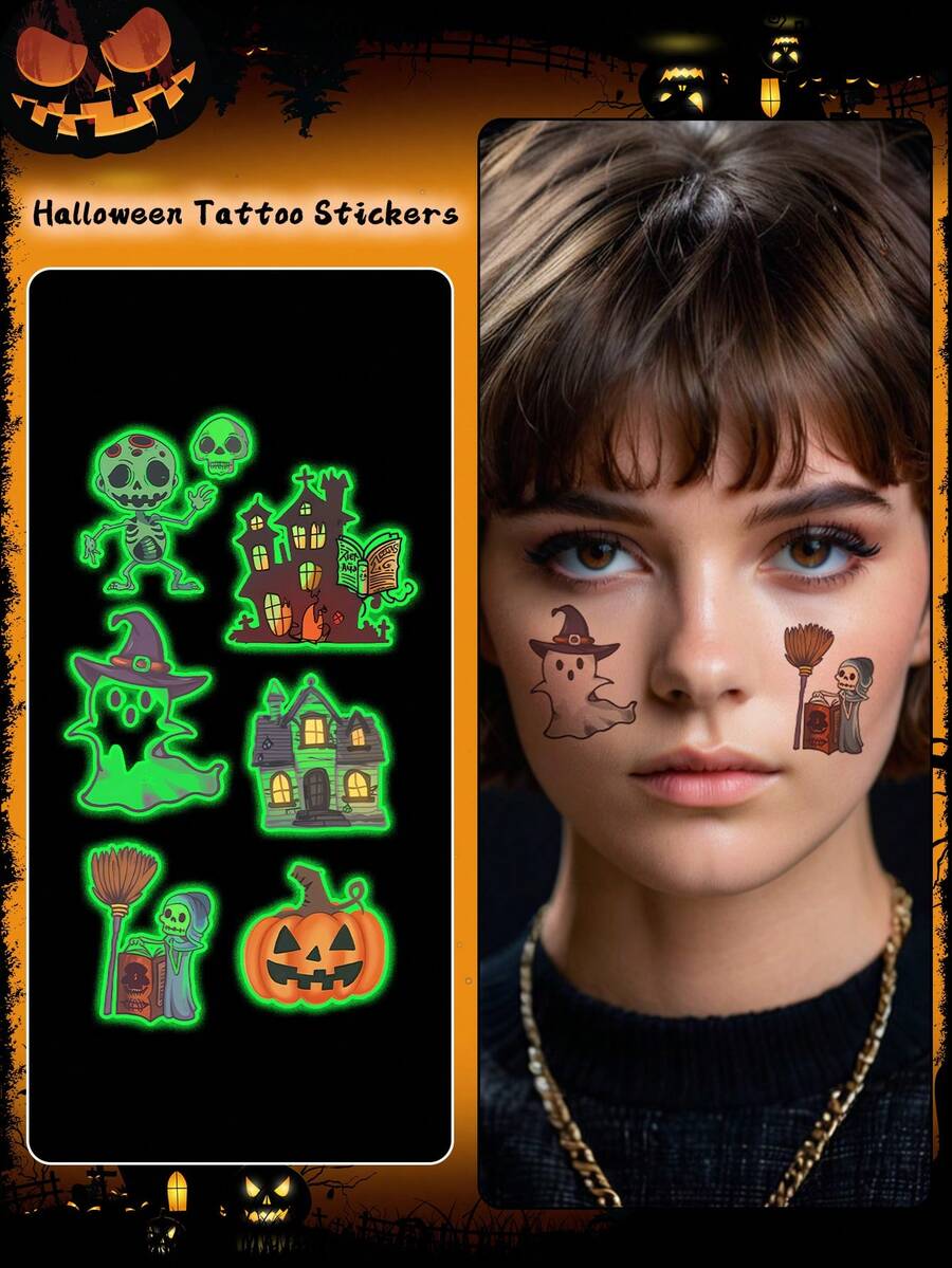 1 miếng dán phát sáng Halloween hoạt hình bí ngô ma đầu lâu hình xăm tạm thời chống thấm nước chống mồ hôi hình xăm dùng một lần cho nam và nữ cho mặt, cổ, cánh tay nghệ thuật cơ thể hình xăm giả - Nhiều màu - Xem 1