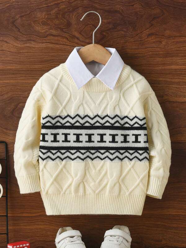 Young Boy Collegiate Color Block Plaid Cable Knit Pullover Sweater, Suitable For School In Spring, Autumn, Winter