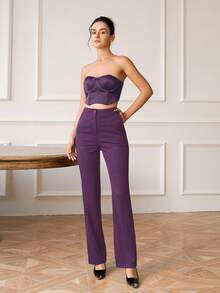 Pantalones empresariales de cintura alta, de unicolor, con botones delanteros, de estilo casual sencillo para mujeres - Morado - Ver 3
