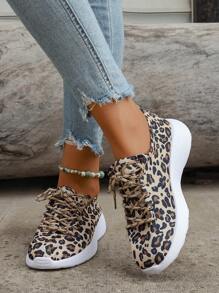 2024 新款豹纹帆布厚底系带休闲运动鞋 - 白色 - 查看 3