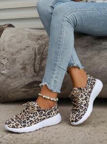 2024 新款豹纹帆布厚底系带休闲运动鞋 - 白色 - 查看 2