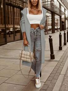 休闲时尚字母与心形图案带口袋连帽开衫，长款 - 淺灰色 - 查看 4