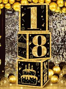 3pcs 10.6 Inch Black & Gold "Happy 18th Birthday" Balloons In Box, 18th Birthday Party Gift Box, Adult Birthday, 18th Birthday Photo Backdrop Decor - Black Gold - View 3